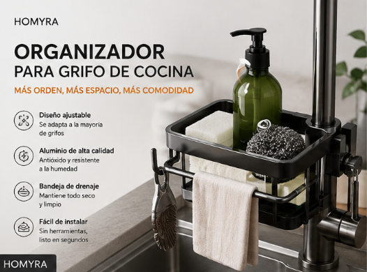 Organizador para Grifo de Cocina HOMYRA | Aluminio Premium Ajustable